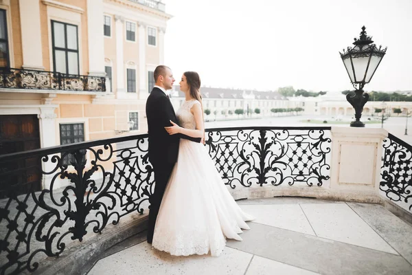 Luxus házaspár, menyasszony és vőlegény pózol a város Bécs — Stock Fotó