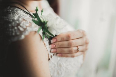 Cüppeli muhteşem gelin bir odada düğün töreni için poz veriyor ve hazırlanıyor.