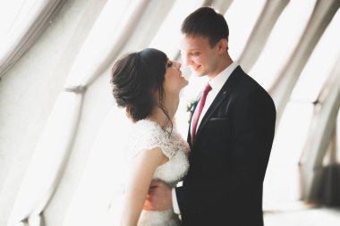 Lüks evli çift, gelin ve damat eski şehirde poz veriyor.