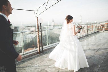 Muhteşem bir düğün çifti eski Lviv şehrinde yürüyor.