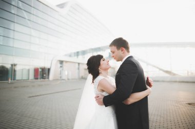 Lüks evli çift, gelin ve damat eski şehirde poz veriyor.