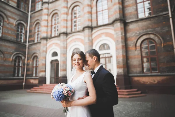 Hermosa pareja de boda caminando en la ciudad vieja de Lviv — Foto de Stock