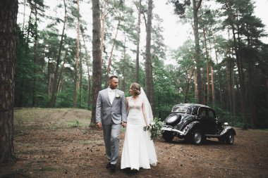 Mükemmel bir çift gelin ve damat düğün günlerinde poz verip öpüşürler.