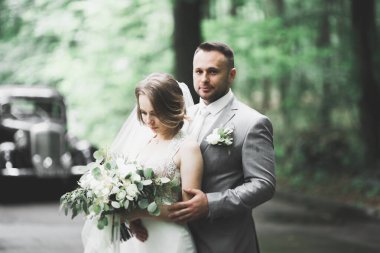 Kafkasyalı mutlu romantik çift evliliklerini kutluyor. Açık hava.