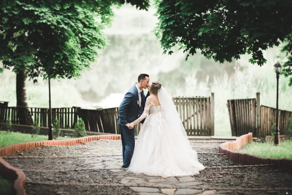 Romantisch huwelijksmoment, paar pasgetrouwden glimlachend portret, bruid en bruidegom knuffelen — Stockfoto