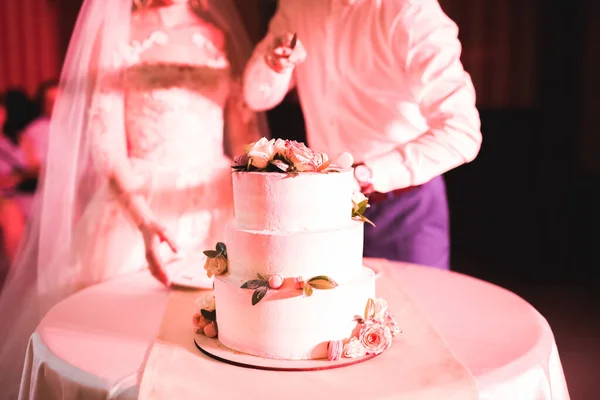 Bride and groom at wedding cutting the wedding cake — Stock Photo, Image