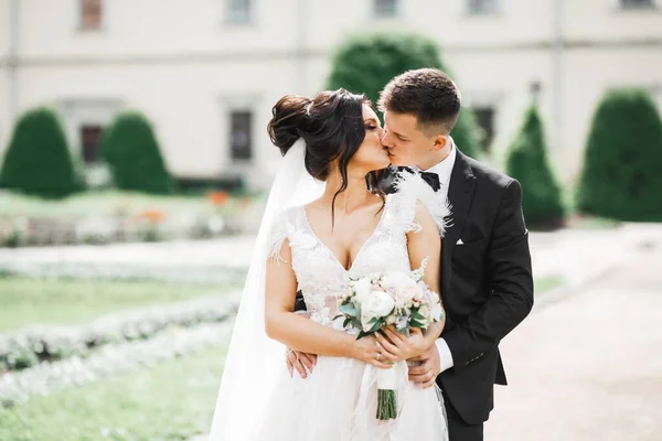Schöne Braut und Bräutigam umarmen und küssen sich am Hochzeitstag im Freien — Stockfoto