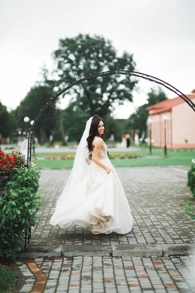 Bella giovane sposa di lusso in abito da sposa in posa nel parco — Foto Stock