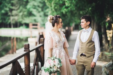 Düğün günü el ele tutuşan çift, damat ve gelin.