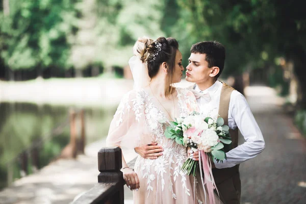 Bela noiva e noivo abraçando e beijando em seu dia de casamento ao ar livre — Fotografia de Stock