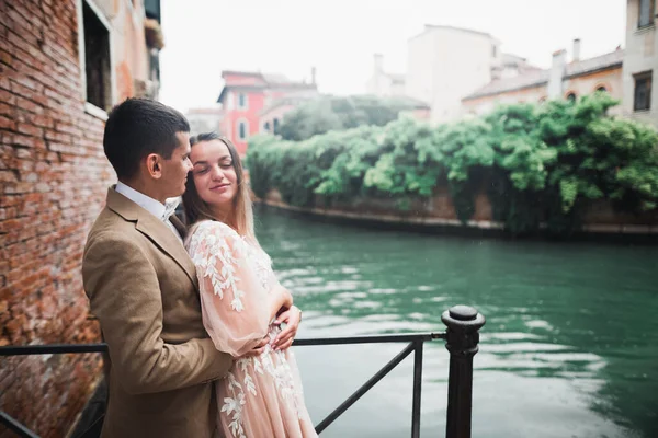 La pareja de boda en la naturaleza se está abrazando. Hermosa modelo chica en vestido blanco. Hombre de traje — Foto de Stock