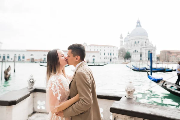 Romántico, cuento de hadas, feliz pareja recién casada abrazándose y besándose en un parque, árboles en el fondo — Foto de Stock