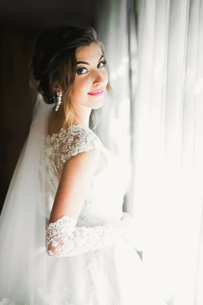 Novia de lujo en vestido blanco posando mientras se prepara para la ceremonia de boda —  Fotos de Stock