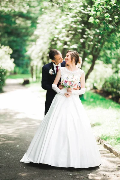 Parkta kucaklaşan yeni evli çiftin güzel romantik düğünü. — Stok fotoğraf