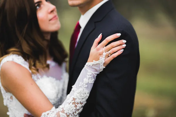 Romántico, cuento de hadas, feliz pareja recién casada abrazándose y besándose en un parque, árboles en el fondo —  Fotos de Stock