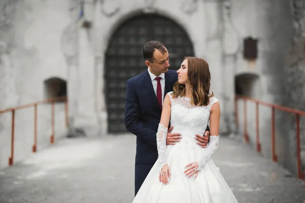 Beautiful bride and groom embracing and kissing on their wedding day outdoors — Stock Photo, Image