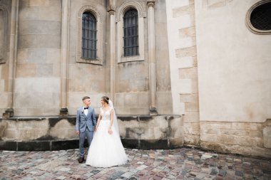 Düğün günü el ele tutuşan çift, damat ve gelin.