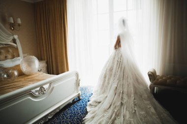 Tüylü, lüks makyaj, saç stili, stüdyo içi fotoğraf çekimi olan güzel bir gelin.