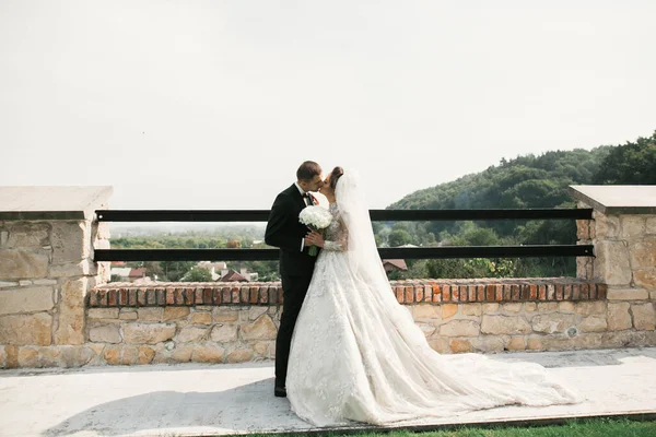 Sol retrato de novia feliz y novio al aire libre en la naturaleza ubicación —  Fotos de Stock