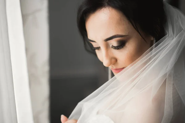 Hermosa novia con vestido de novia de moda con plumas con maquillaje de lujo deleite y peinado, estudio sesión de fotos interior — Foto de Stock