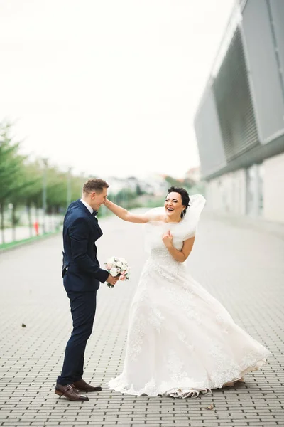 Feliz hermosa recién casados bailando en un parque —  Fotos de Stock