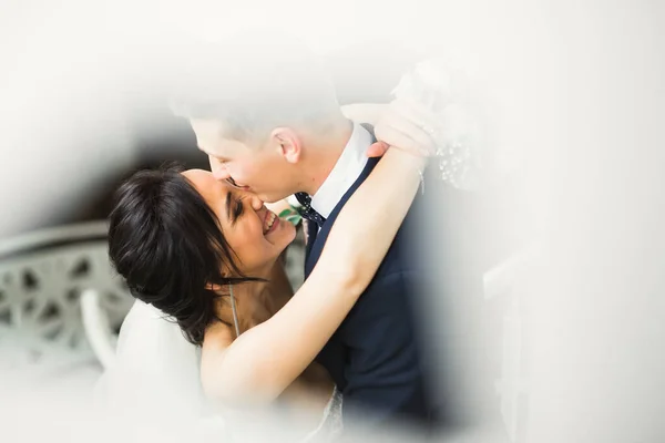 Hermosa novia y novio abrazando y besándose en el día de su boda — Foto de Stock