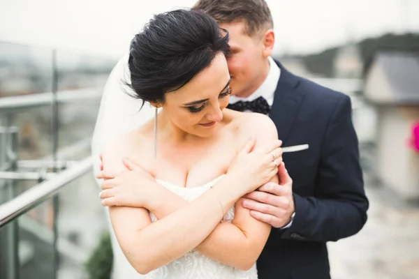 Romantischer Hochzeitsmoment, Brautpaar lächelt Porträt, Braut und Bräutigam umarmen sich — Stockfoto