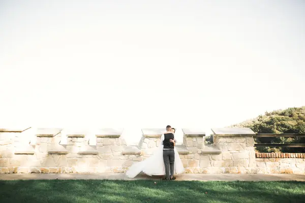 La pareja de boda en la naturaleza se está abrazando. Hermosa modelo chica en vestido blanco. Hombre de traje —  Fotos de Stock