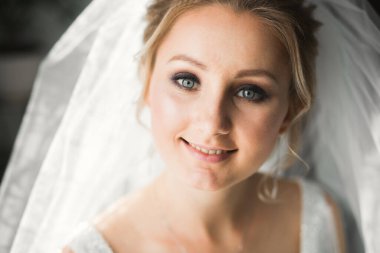 Tüylü, lüks makyaj, saç stili, stüdyo içi fotoğraf çekimi olan güzel bir gelin.