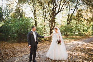 Düğün günü el ele tutuşan çift, damat ve gelin.