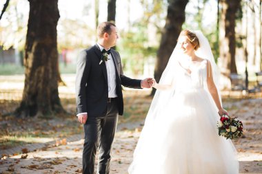 Düğün günü el ele tutuşan çift, damat ve gelin.