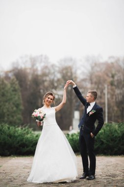 Parkta dans eden mutlu yeni evliler.