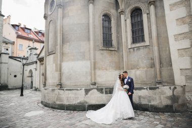 Lüks evli çift, gelin ve damat eski şehirde poz veriyor.