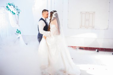 Güzel bir düğün çifti yeni evlendi ve ilk danslarını ediyorlar.