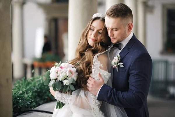 Casamento romântico momento, casal de recém-casados sorrindo retrato, noiva e noivo abraçando — Fotografia de Stock