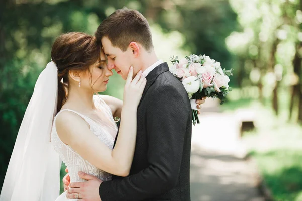 Romântico, conto de fadas, feliz casal recém-casado abraçando e beijando em um parque, árvores no fundo — Fotografia de Stock