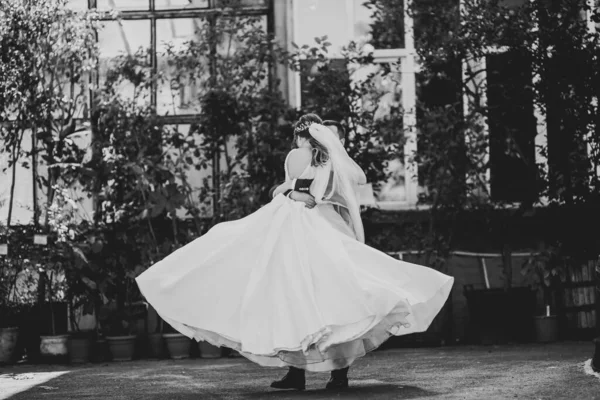 Feliz hermosa recién casados bailando en un parque — Foto de Stock