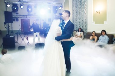 Güzel bir düğün çifti yeni evlendi ve ilk danslarını ediyorlar.