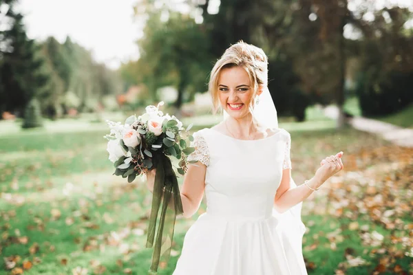 Hermosa novia de lujo en vestido blanco elegante — Foto de Stock