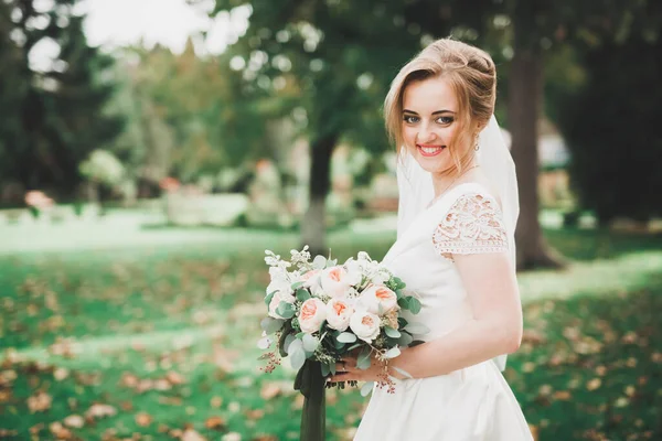 Hermosa novia de lujo en vestido blanco elegante — Foto de Stock