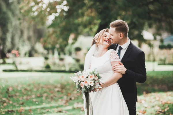 Joyeux couple de mariage marchant dans un parc botanique — Photo