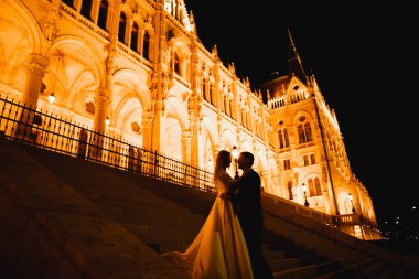 Güzel gelin ve damat evlendikleri gün kucaklaşıp öpüşüyorlar.