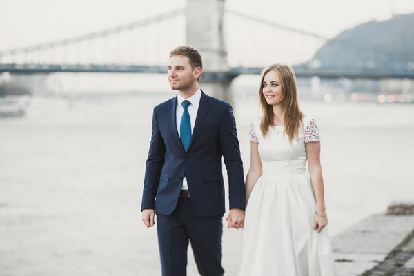 Casal de casamento, noivo e noiva abraçando, ao ar livre perto do rio — Fotografia de Stock