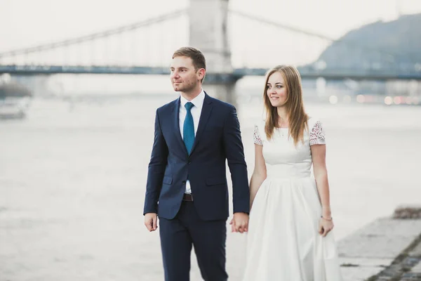 Pasangan pengantin, mempelai pria dan wanita berpelukan, outdoor dekat sungai — Stok Foto