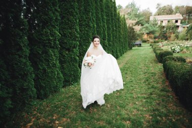 Güzel bir moda gelininin portresi, tatlı ve şehvetli. Düğün makyajı ve saç.