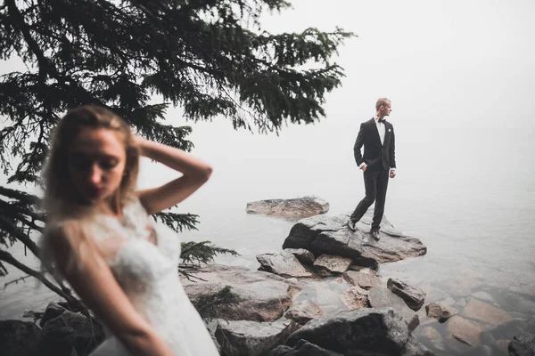 Kissing wedding couple in spring nature close-up portrait — Stock Photo, Image