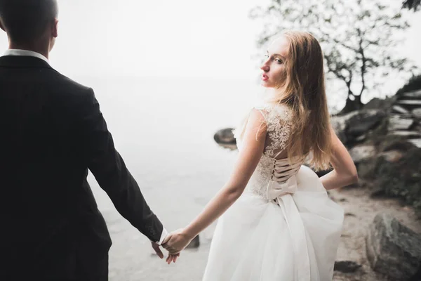 Pareja feliz boda quedarse sobre hermoso paisaje — Foto de Stock