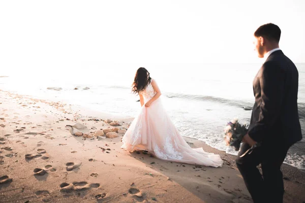 Elegant stylish happy wedding couple, bride, gorgeous groom on the background of sea and sky — Stock Photo, Image