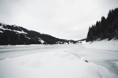 Güzel kış harikalar diyarı Alplerinde ağaçlar ve dağ tepeleri olan