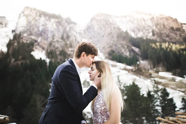 Just married couple kissing, mountains landscape in snow on the background